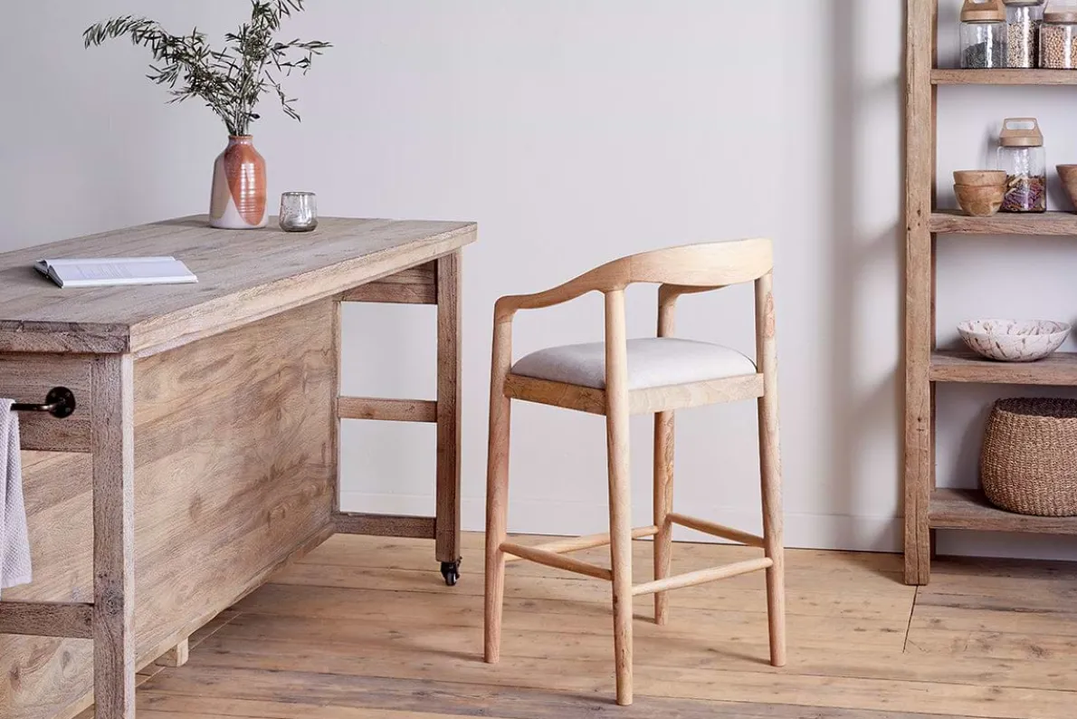 Anbu Mango Wood Upholstered Counter Chair - Natural