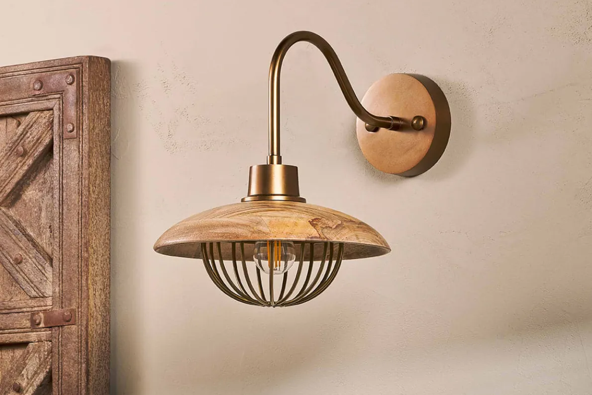 Chakai Mango Wood Wall Lamp - Natural & Antique Brass