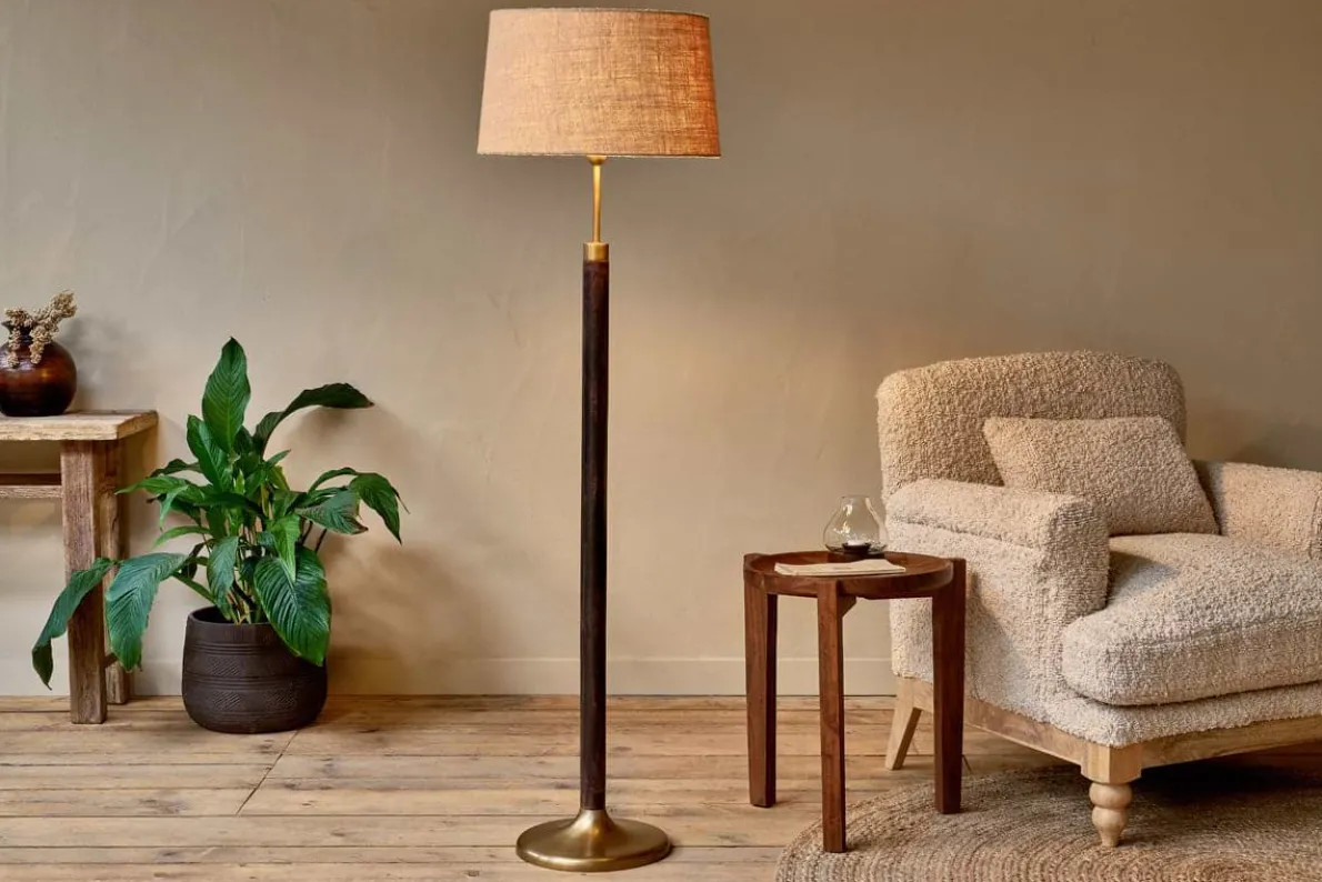 Digha Wood & Metal Floor Lamp - Dark Stain & Antique Brass