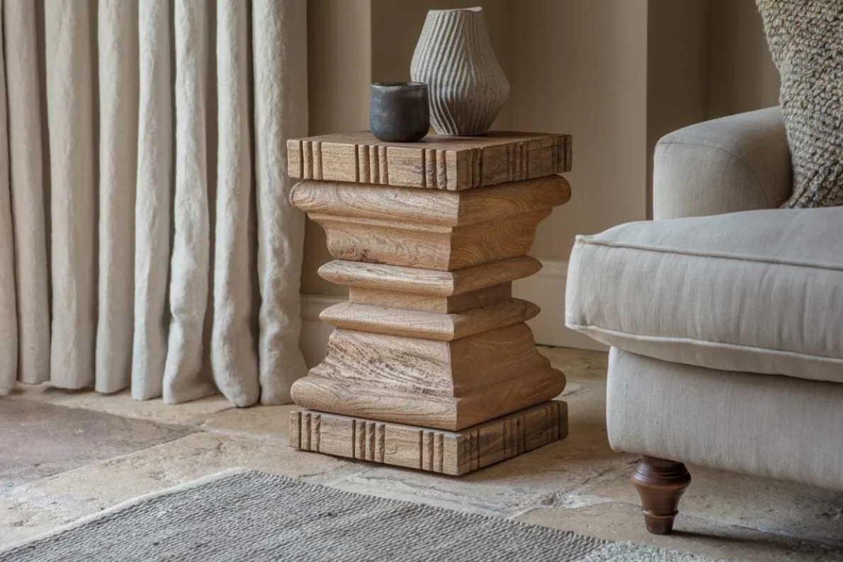 Disha Carved Mango Wood Side Table - Natural