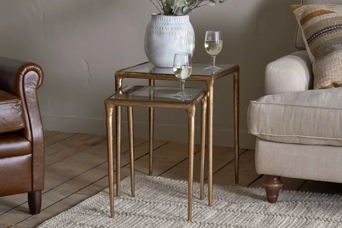 Gilasi Cast Metal & Glass Nesting Side Tables - Antique Brass (Set of 2)