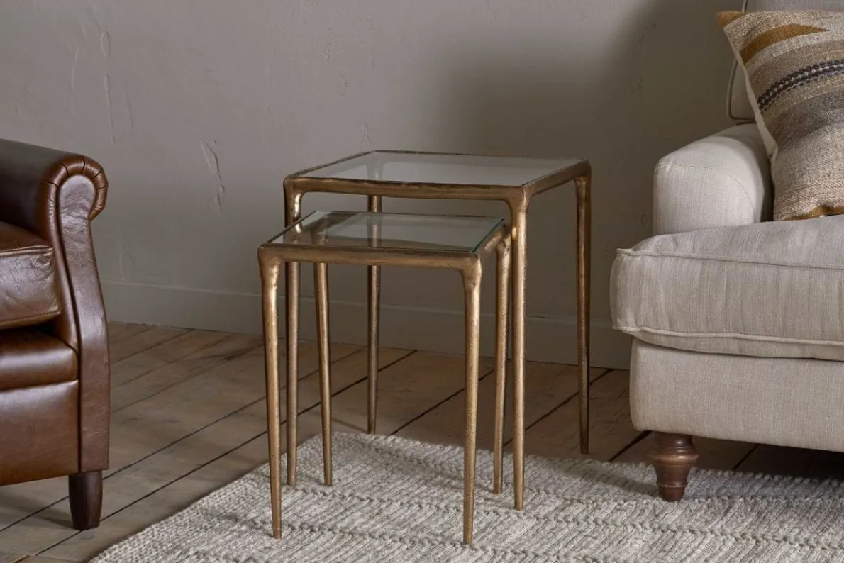 Gilasi Cast Metal & Glass Nesting Side Tables - Antique Brass (Set of 2)