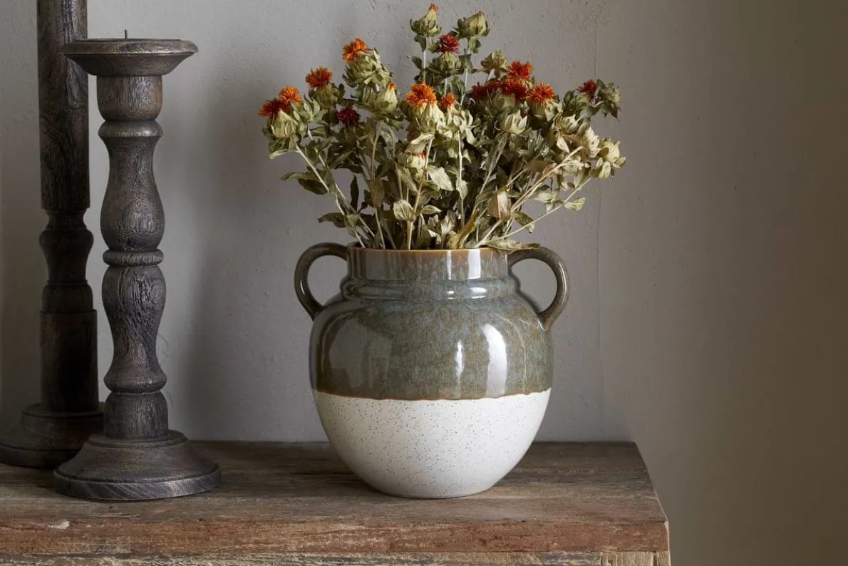 Inha Reactive Glaze Vase - Dark Olive & Natural