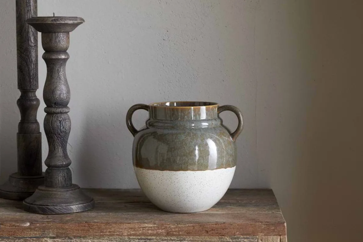 Inha Reactive Glaze Vase - Dark Olive & Natural