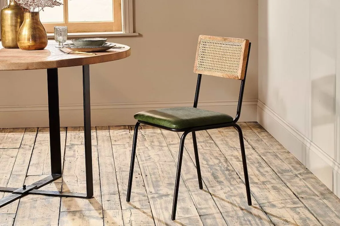Iswa Leather & Cane Dining Chair - Green