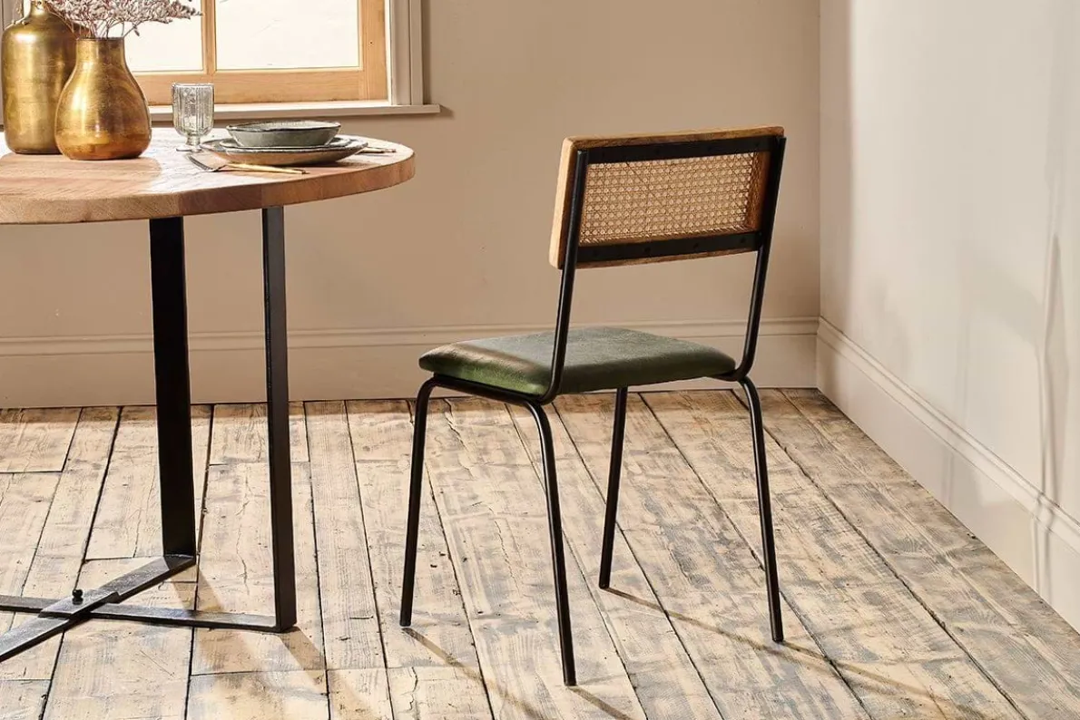Iswa Leather & Cane Dining Chair - Green
