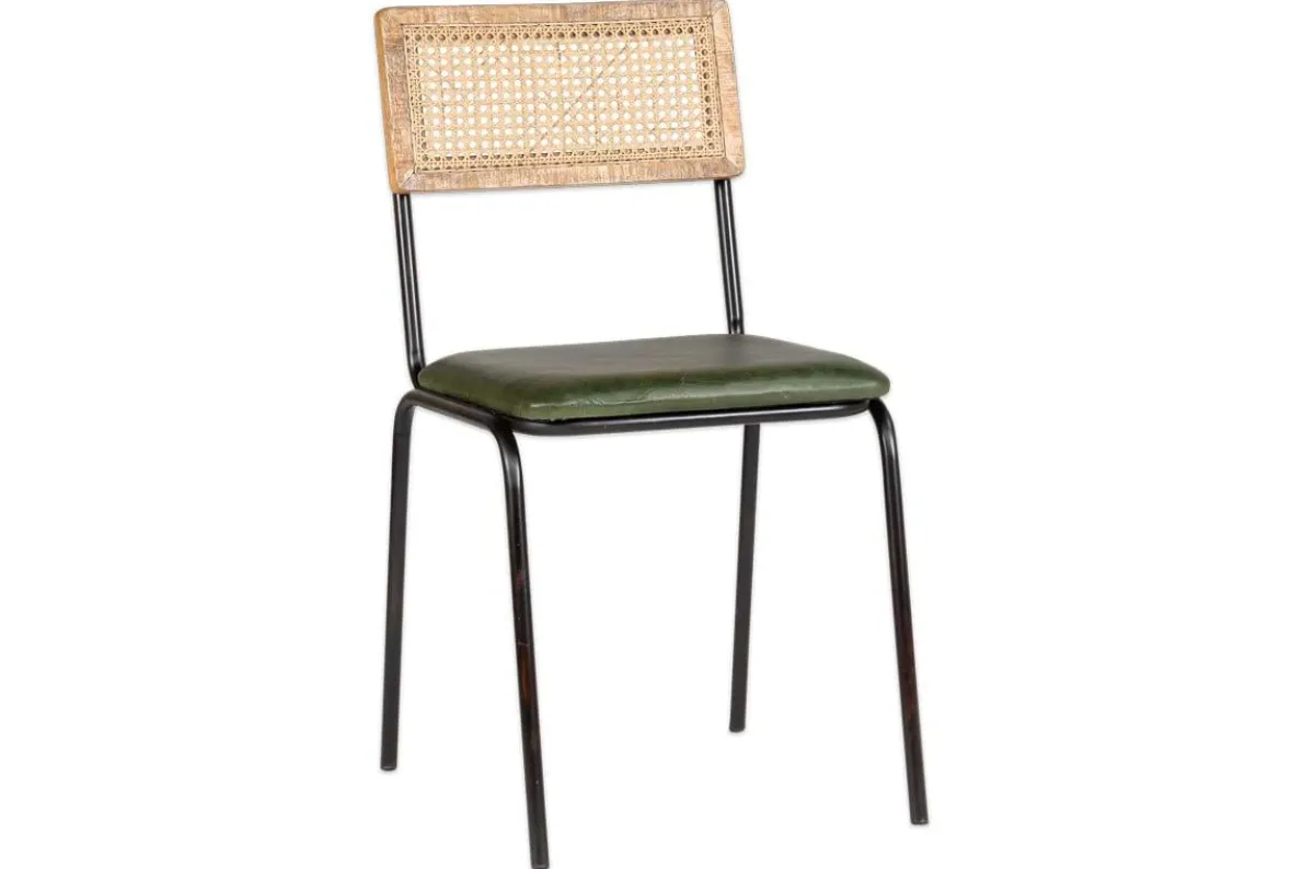 Iswa Leather & Cane Dining Chair - Green