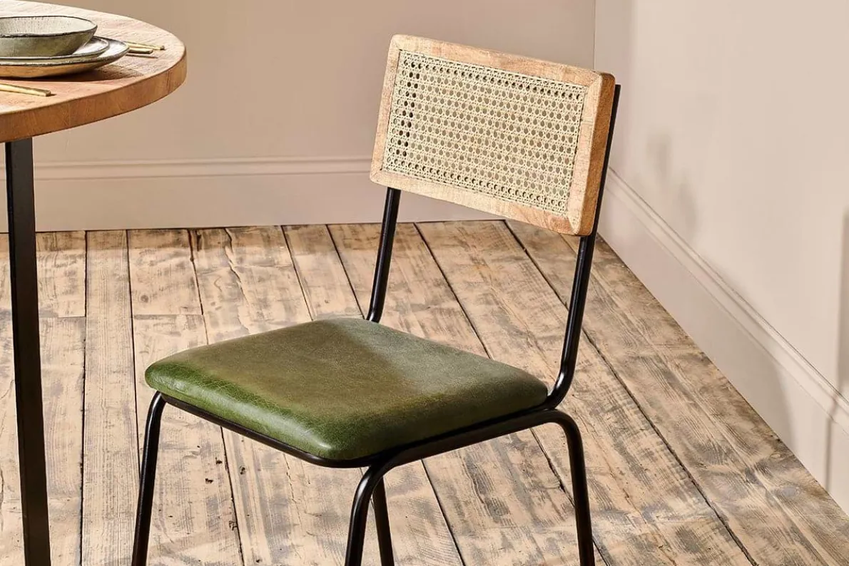 Iswa Leather & Cane Dining Chair - Green