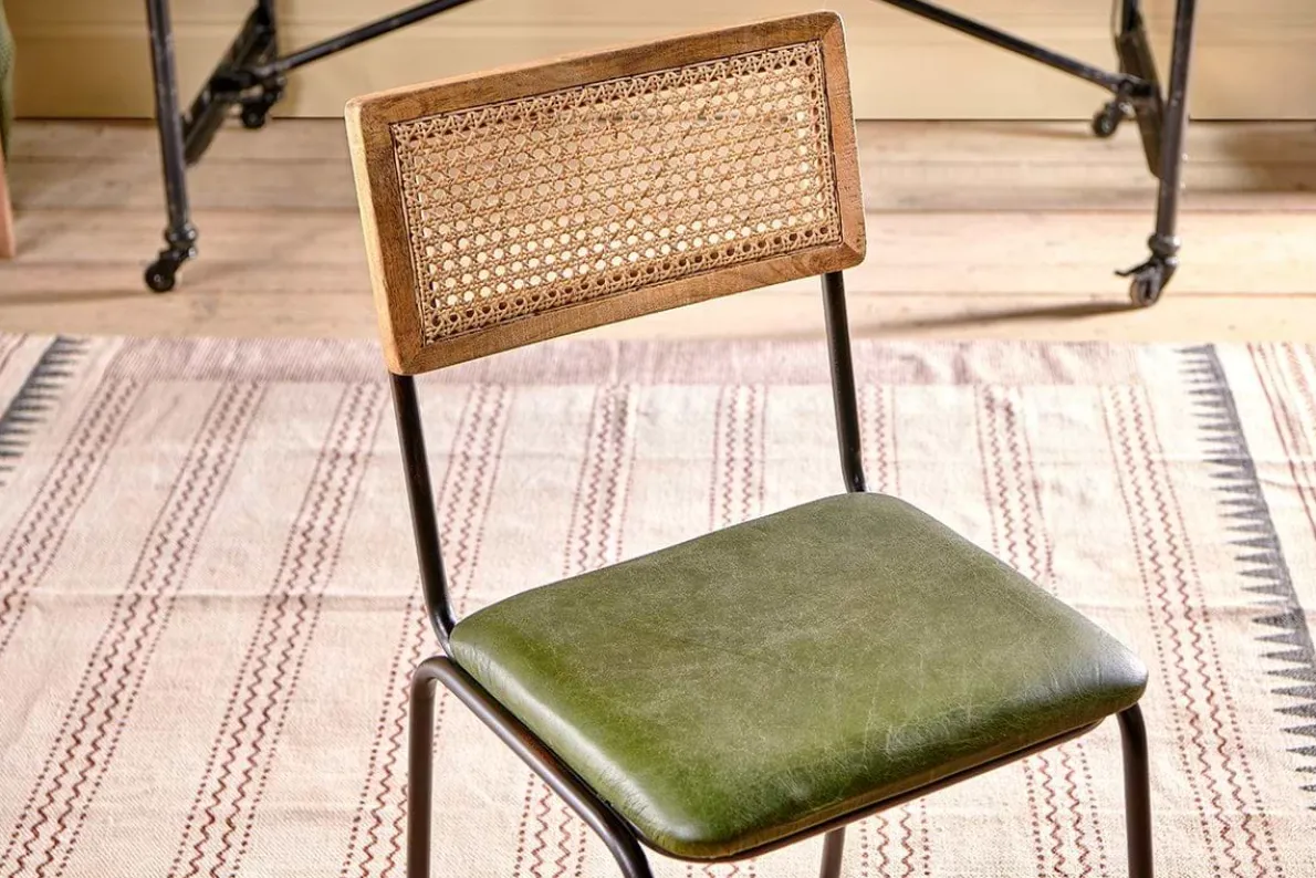 Iswa Leather & Cane Dining Chair - Green