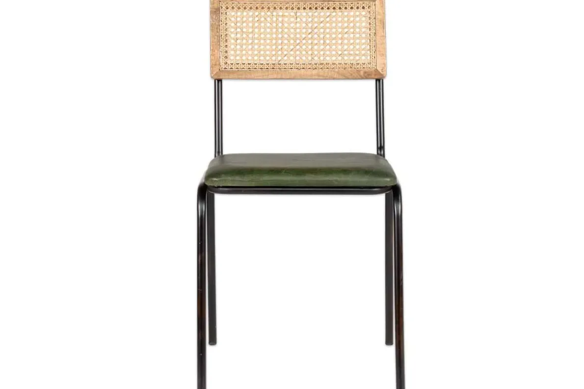 Iswa Leather & Cane Dining Chair - Green