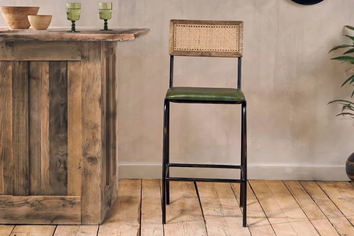 Iswa Leather & Cane Counter Chair - Rich Green