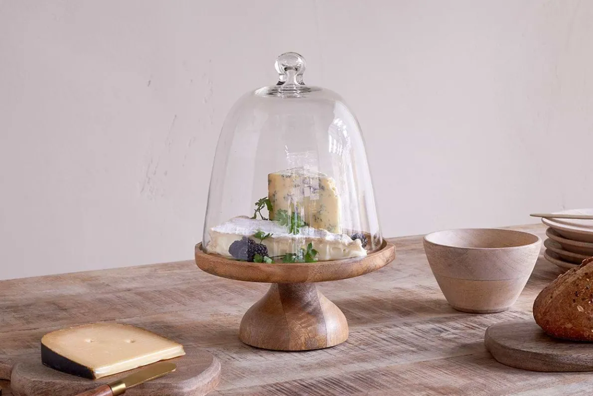 Kannati Mango Wood & Glass Cheese Stand - Clear