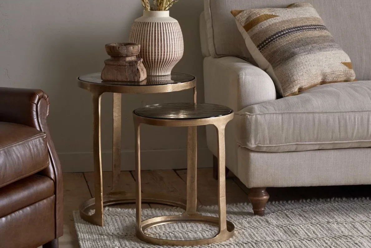 Khidki Cast Metal & Glass Nesting Side Tables - Antique Brass (Set of 2)
