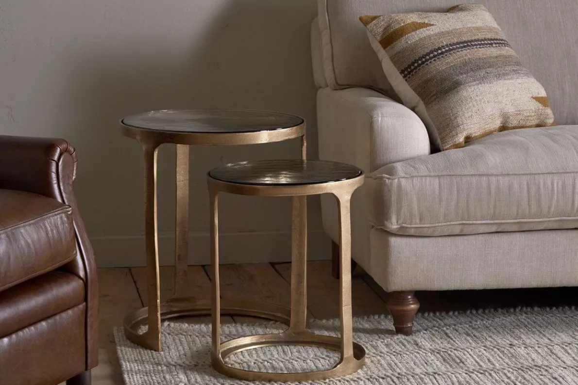 Khidki Cast Metal & Glass Nesting Side Tables - Antique Brass (Set of 2)