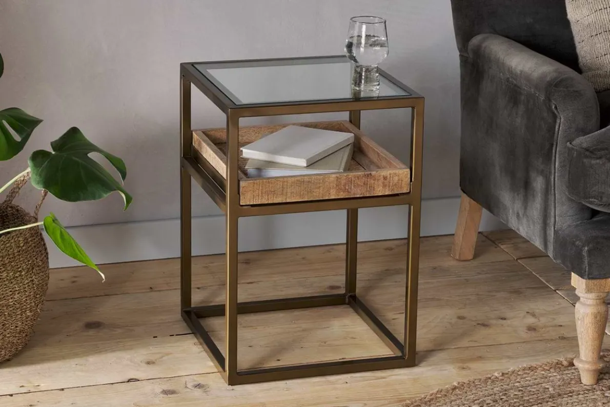 Luzon Iron & Mango Wood Display Side Table - Brass