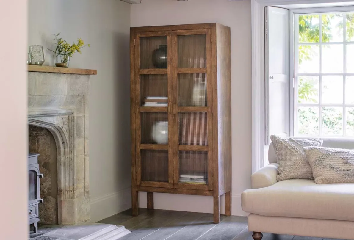 Mendani Mango Wood & Fluted Glass Cabinet - Walnut Stain