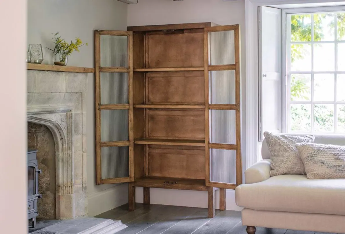 Mendani Mango Wood & Fluted Glass Cabinet - Walnut Stain