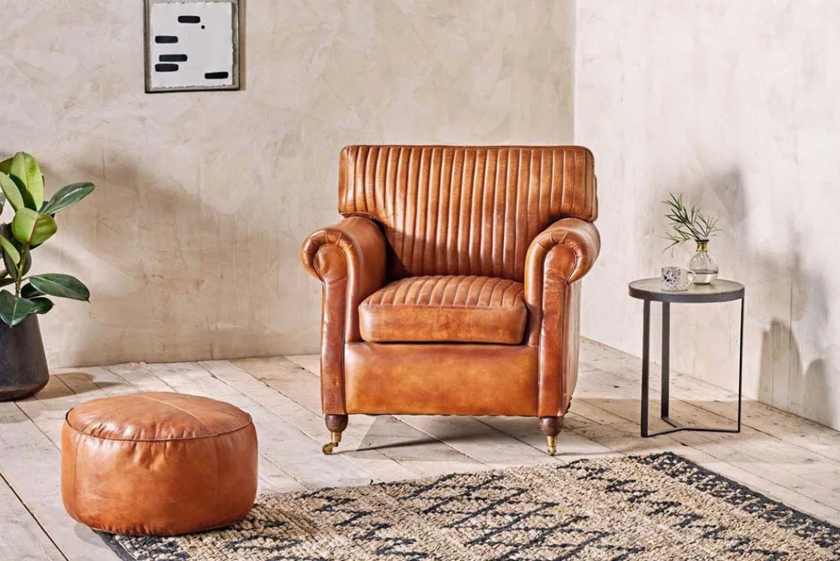 Nadu Leather Pouf - Aged Tan