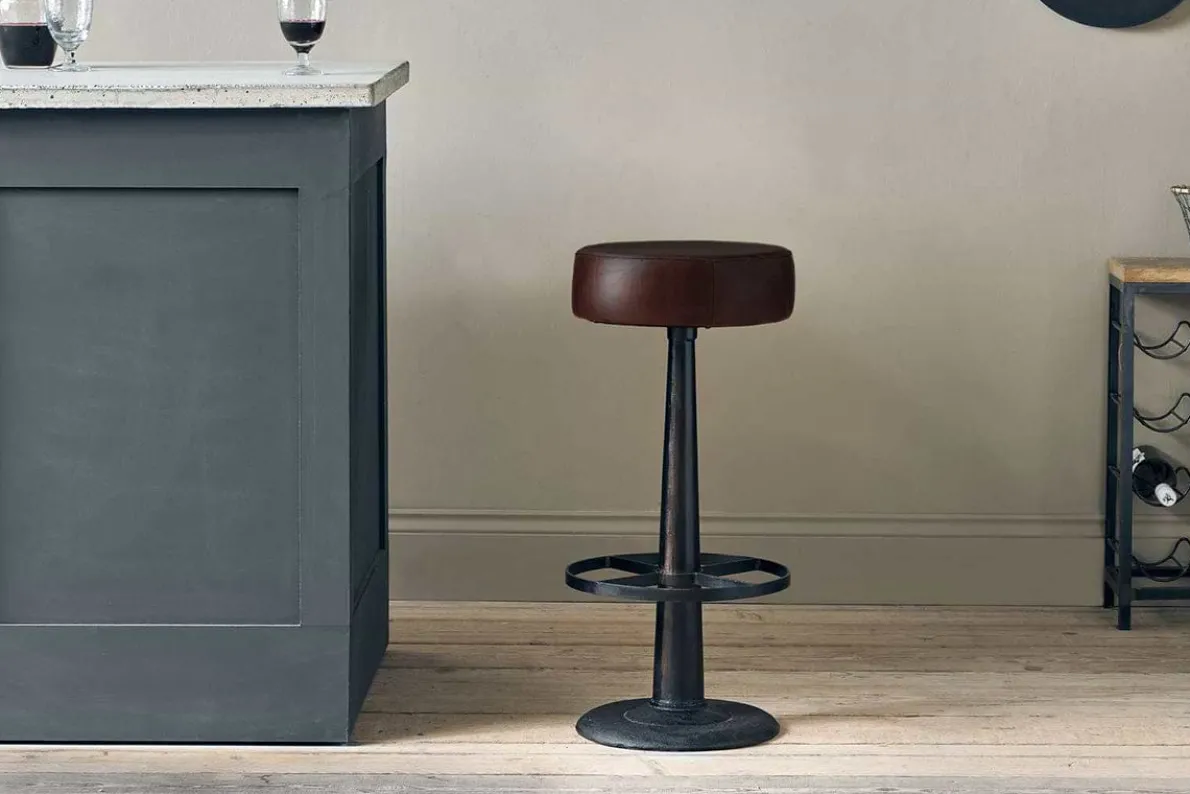 Narwana Leather Round Stool - Dark Brown