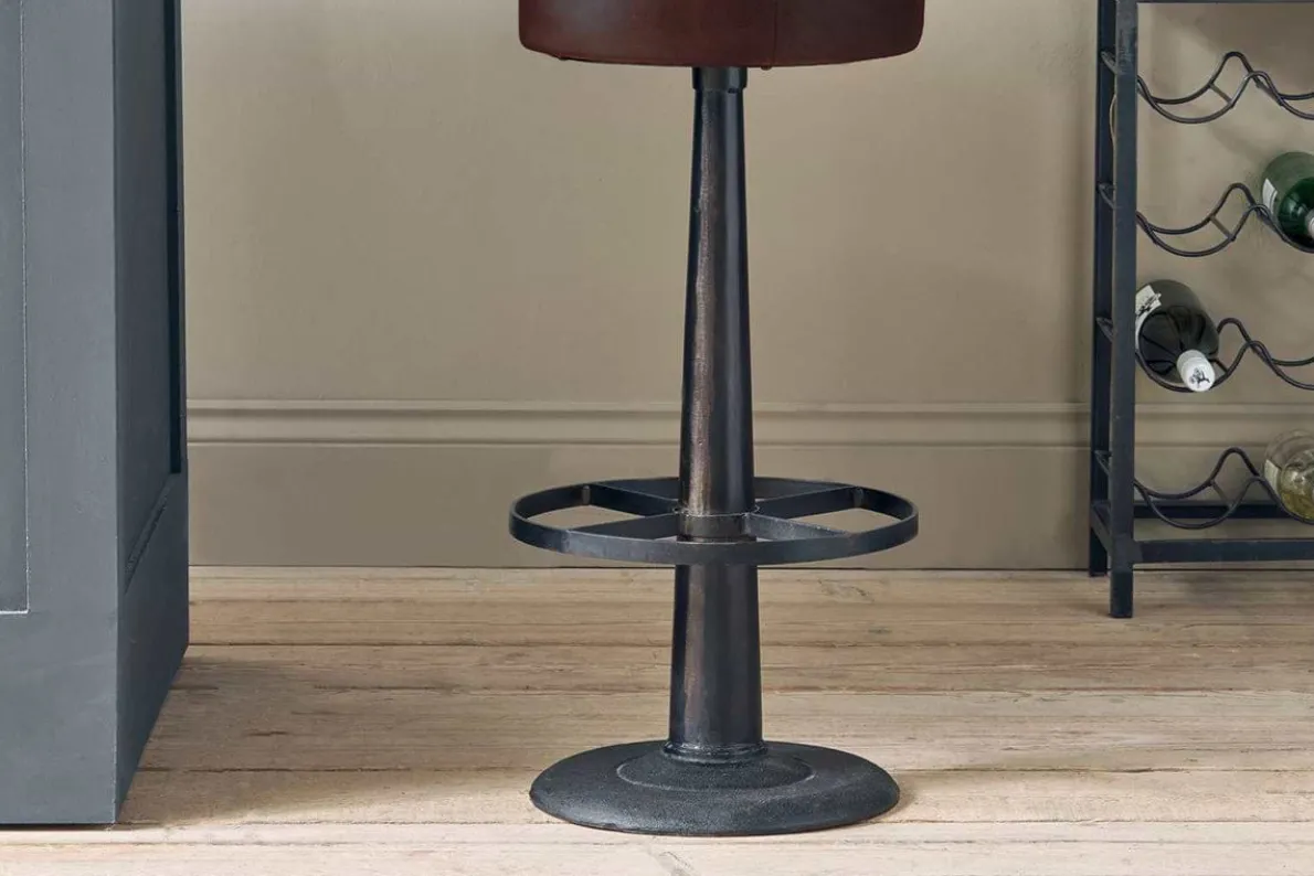 Narwana Leather Round Stool - Dark Brown
