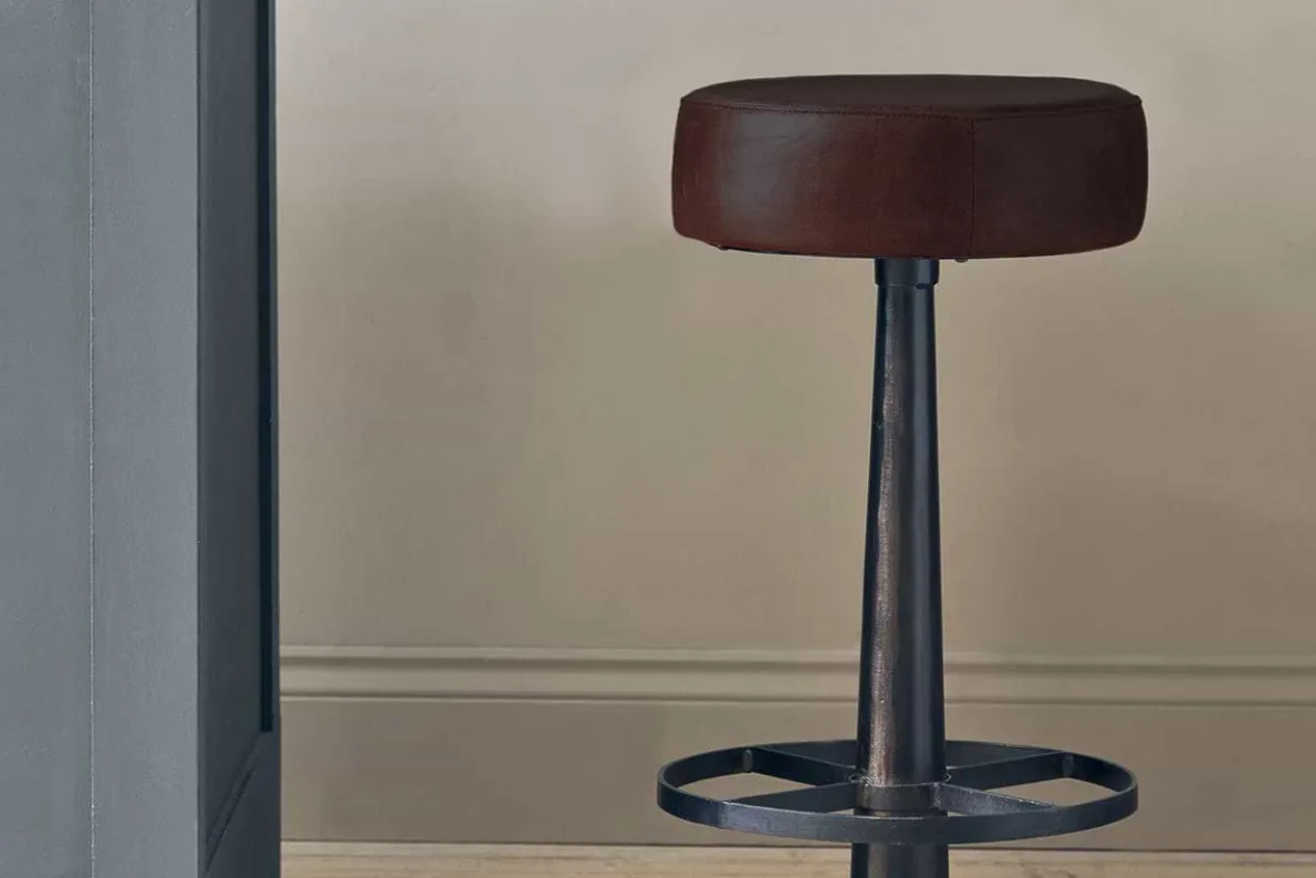Narwana Leather Round Stool - Dark Brown