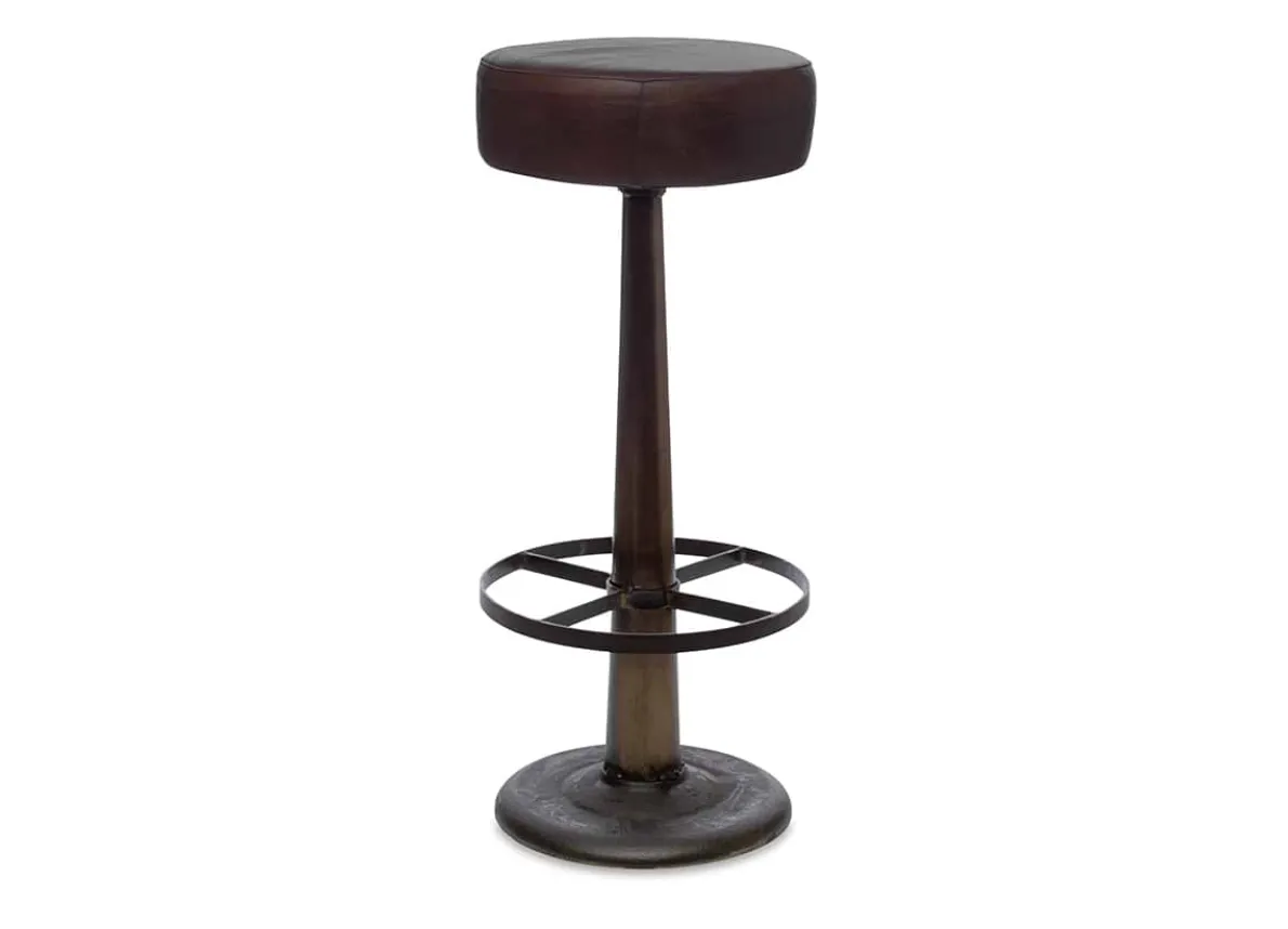 Narwana Leather Round Stool - Dark Brown