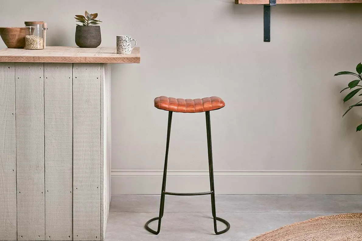 Narwana Ribbed Leather Stool - Aged Tan - Large