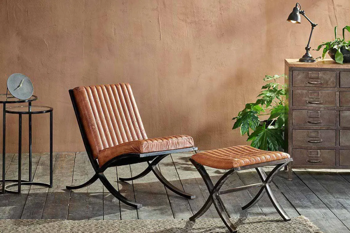 Narwana Ribbed Leather Footstool - Aged Tan