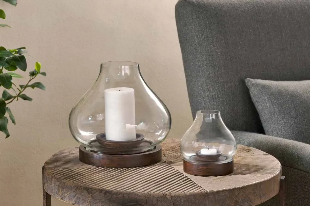 Naryla Mango Wood Lantern - Dark Stain & Clear