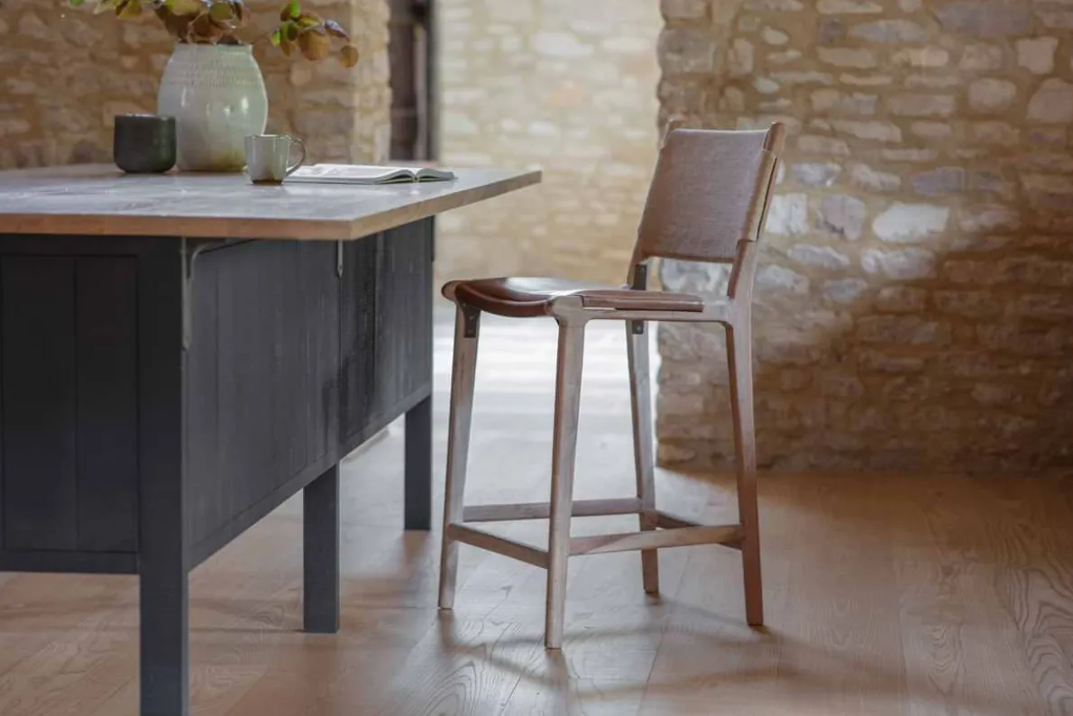 Nayan Leather & Jute Counter Chair - Tan