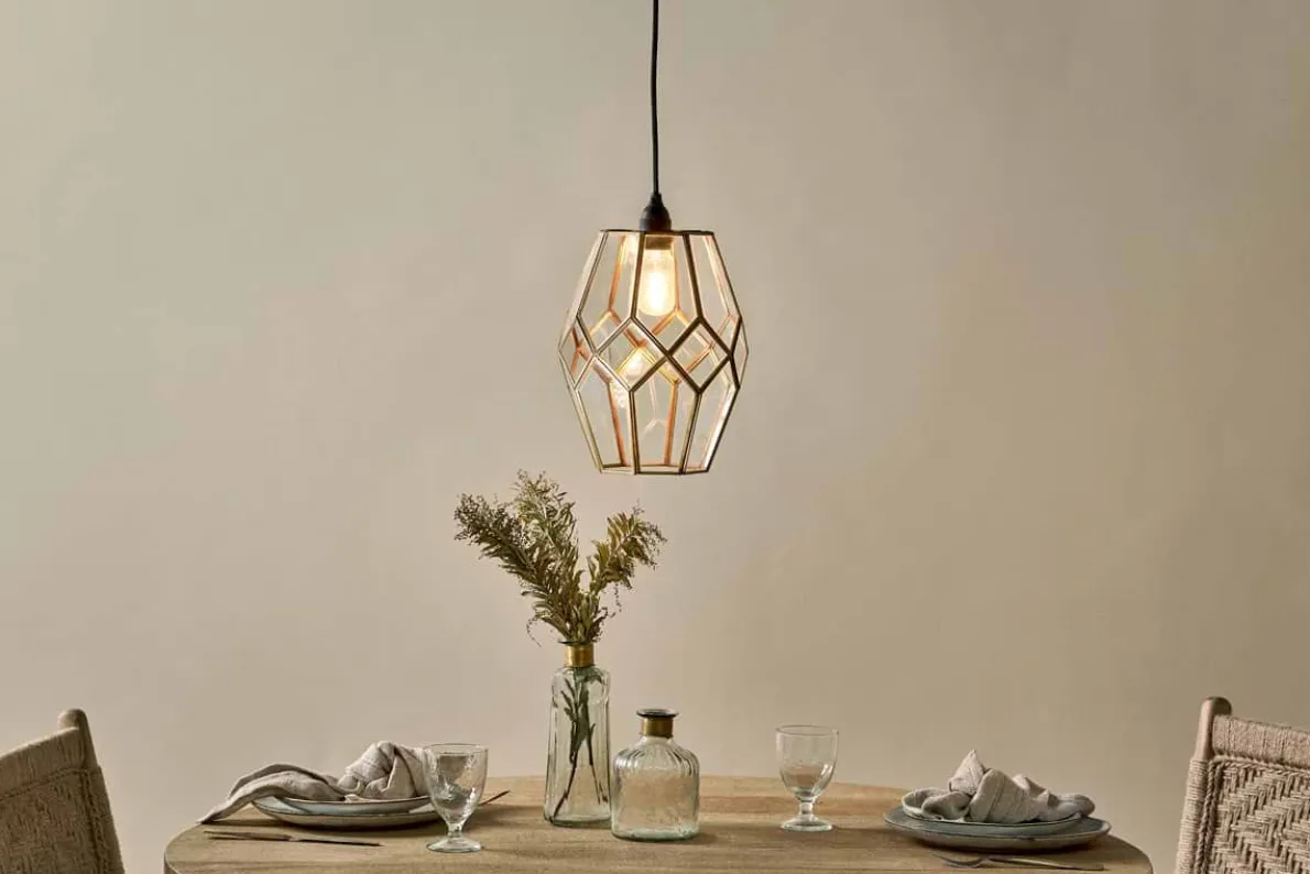 Nazat Panelled Glass Easy Fit LampShade - Clear & Antique Brass