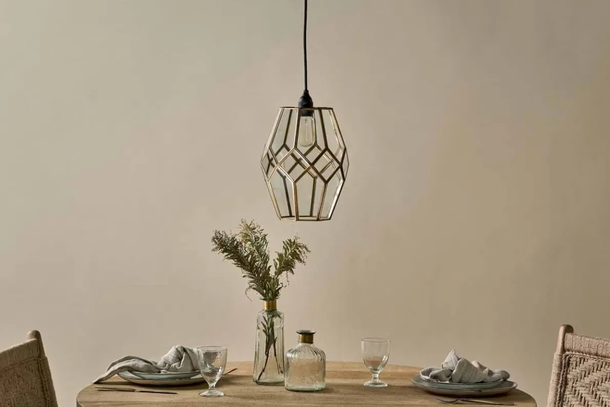 Nazat Panelled Glass Easy Fit LampShade - Clear & Antique Brass
