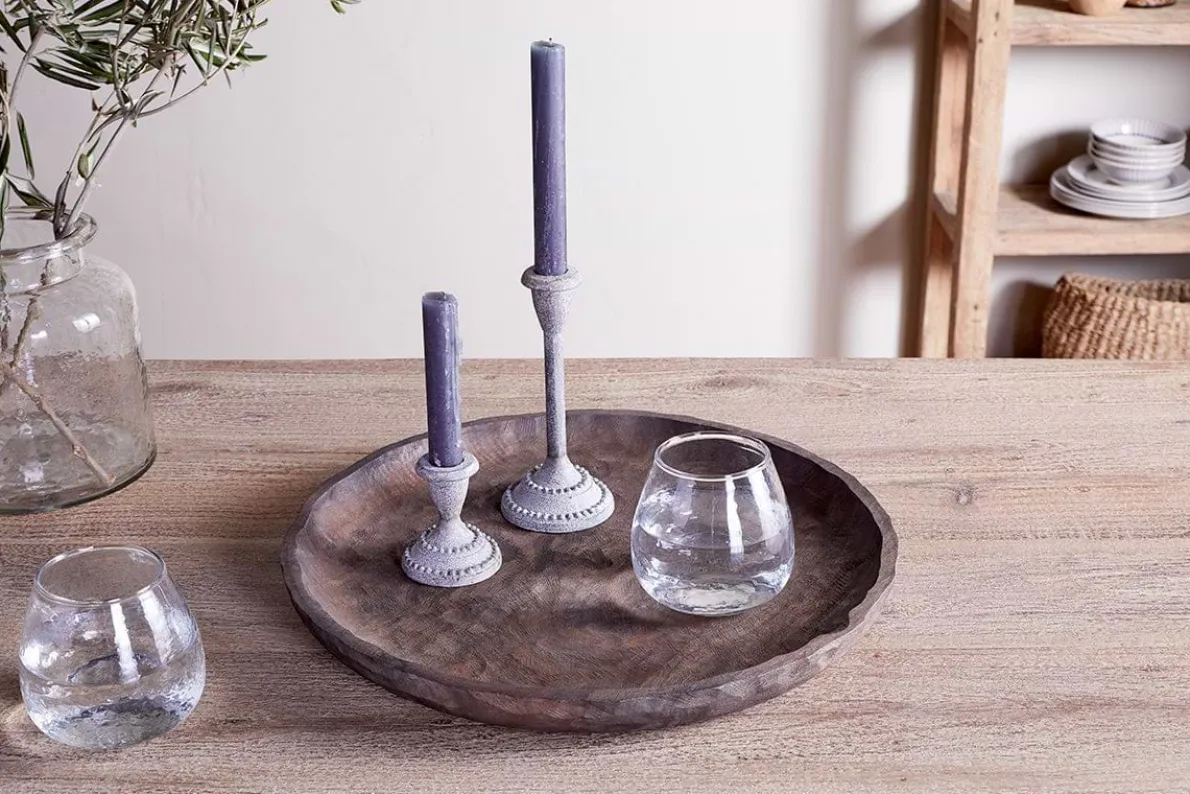 Nyati Mango Wood Etched Round Tray - Dark