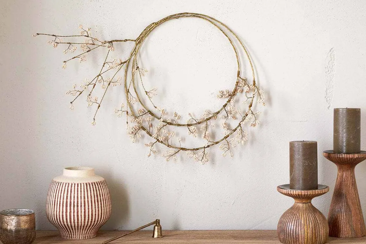 Tanu Layered Mango Wood Beaded Wreath - Brass & Natural