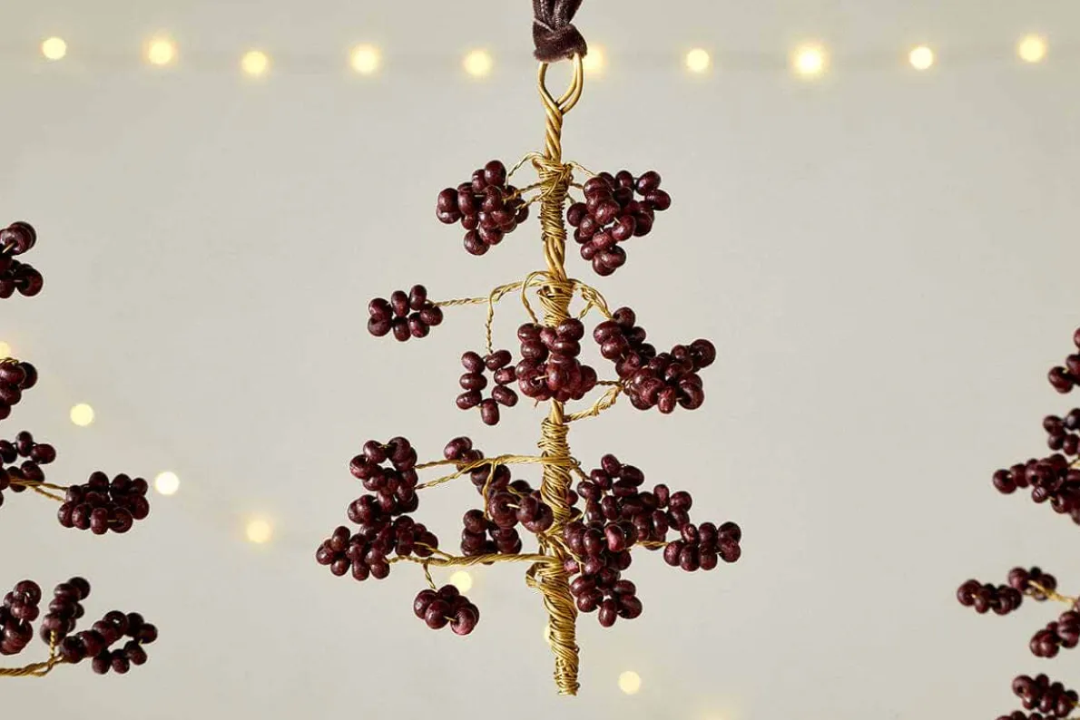 Tanu Mango Wood Beaded Baubles - Brass & Ruby (Set of 3)