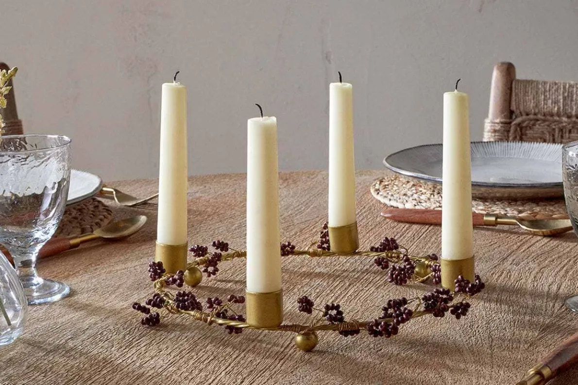 Tanu Mango Wood Beaded Candle Holder - Brass & Ruby