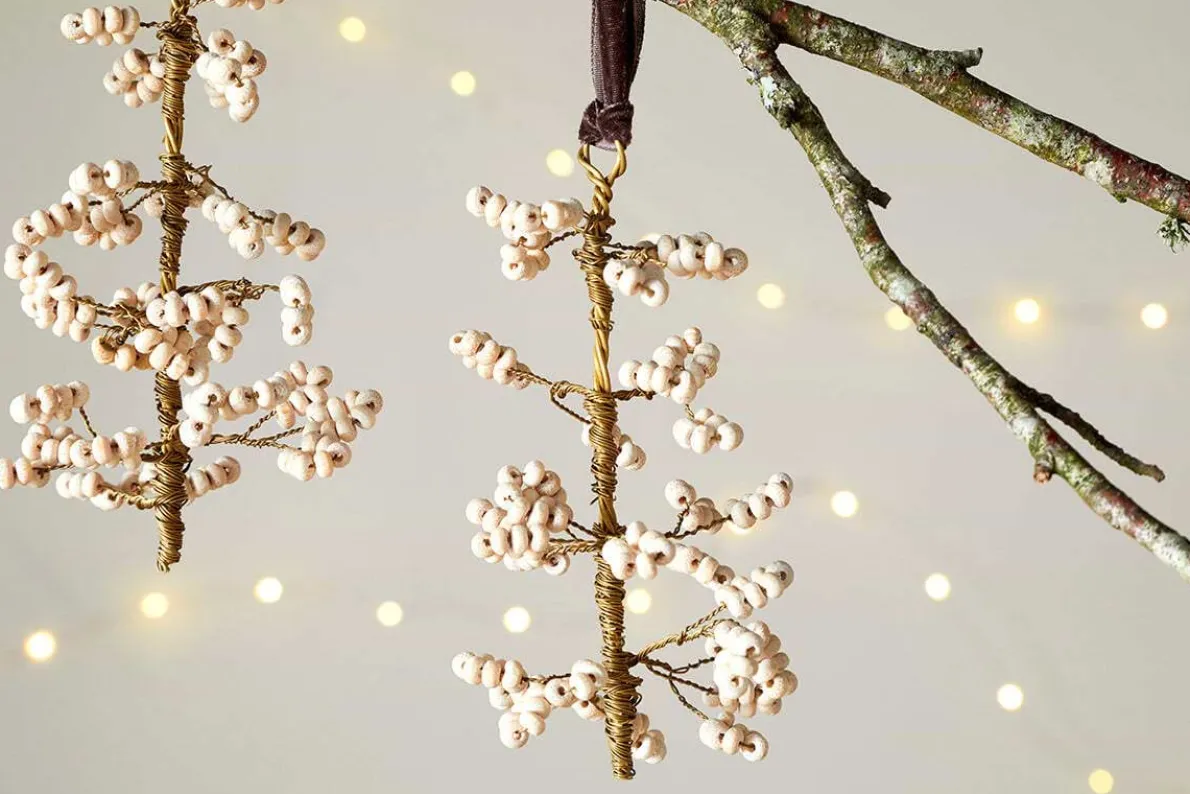 Tanu Mango Wood Beaded Baubles - Brass & Natural (Set of 3)