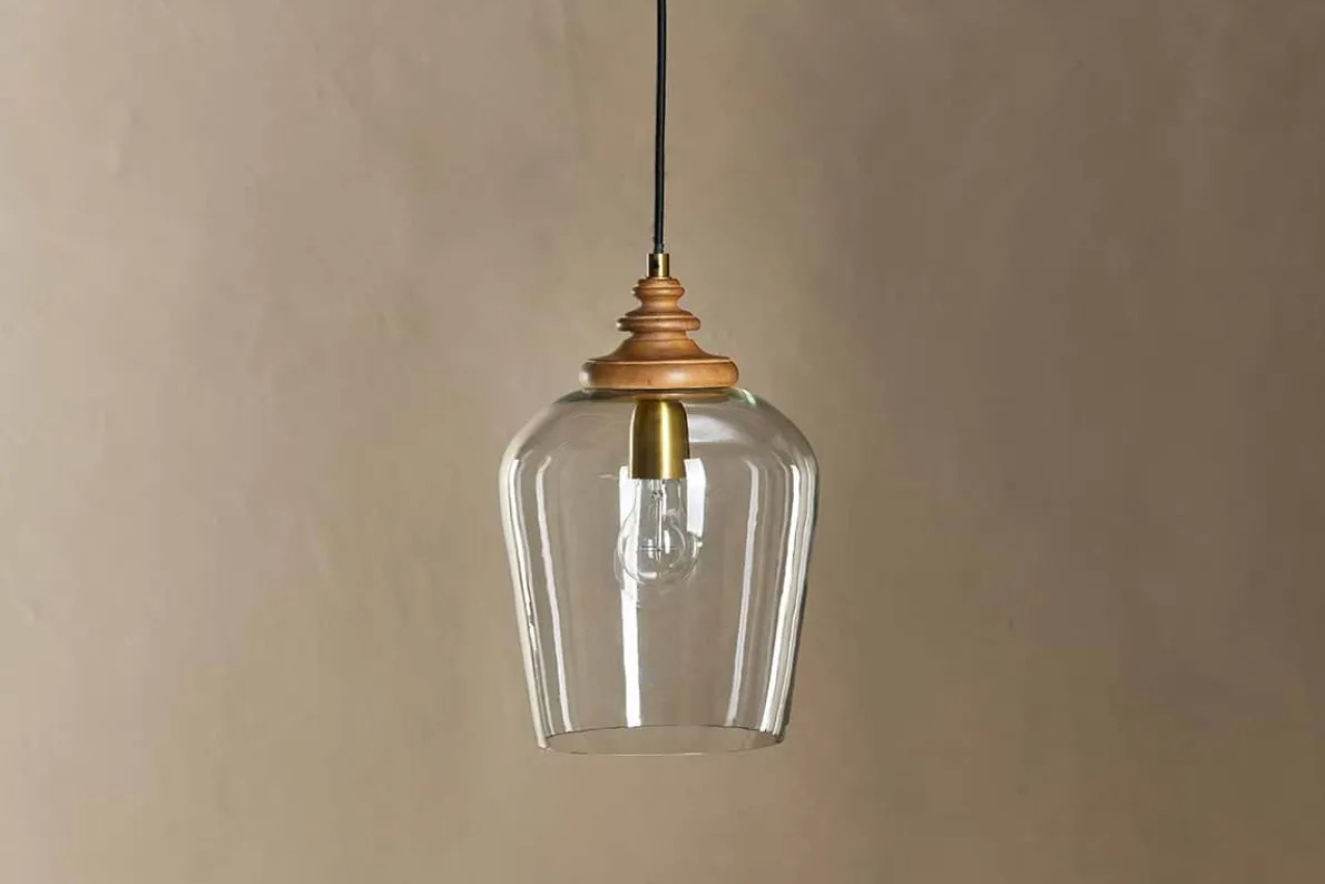 Varuna Mango Wood & Glass Pendant Lamp - Natural & Clear